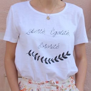 t-shirt blanc femme, liberté, égalité, sororité, coton bio, made in Europe
